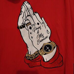 Men's Red Makobi XL Vintage Short Sleeve Hoodie Bedazzled Pray For My Enemies